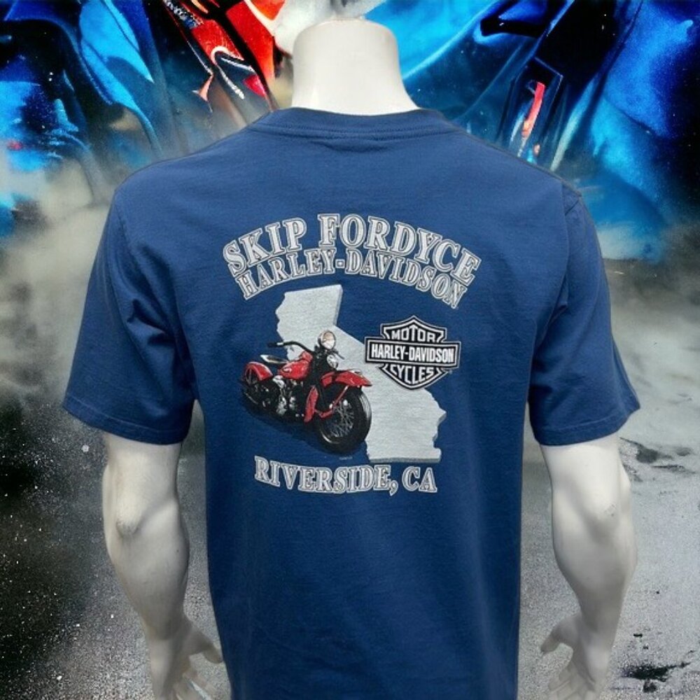 Harley Davidson Motorcycles Skip Fordyce Riverside CA Blue Graphic T-Shirt Large - Picture 3 of 12